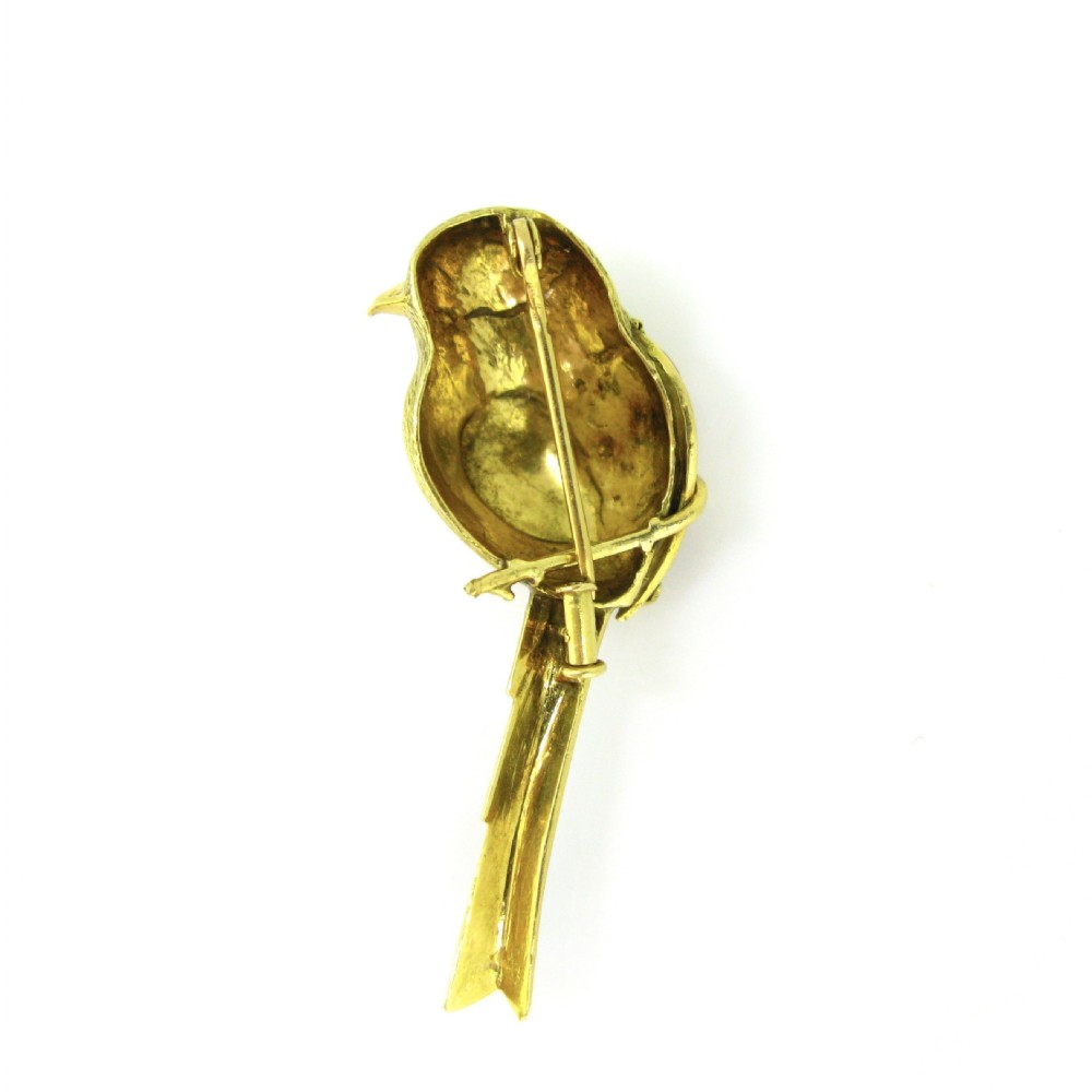 Vintage Enamel Bird on a Branch Brooch, 18kt yellow gold, France, circa 1960 View VI