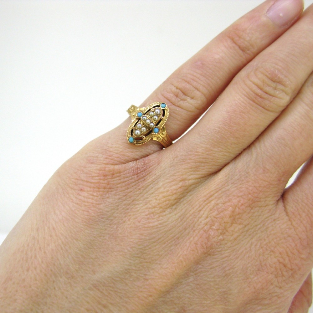 Antique Victorian Turquoise and Pearls Ring 18kt Rose Gold, circa 1880 View VII