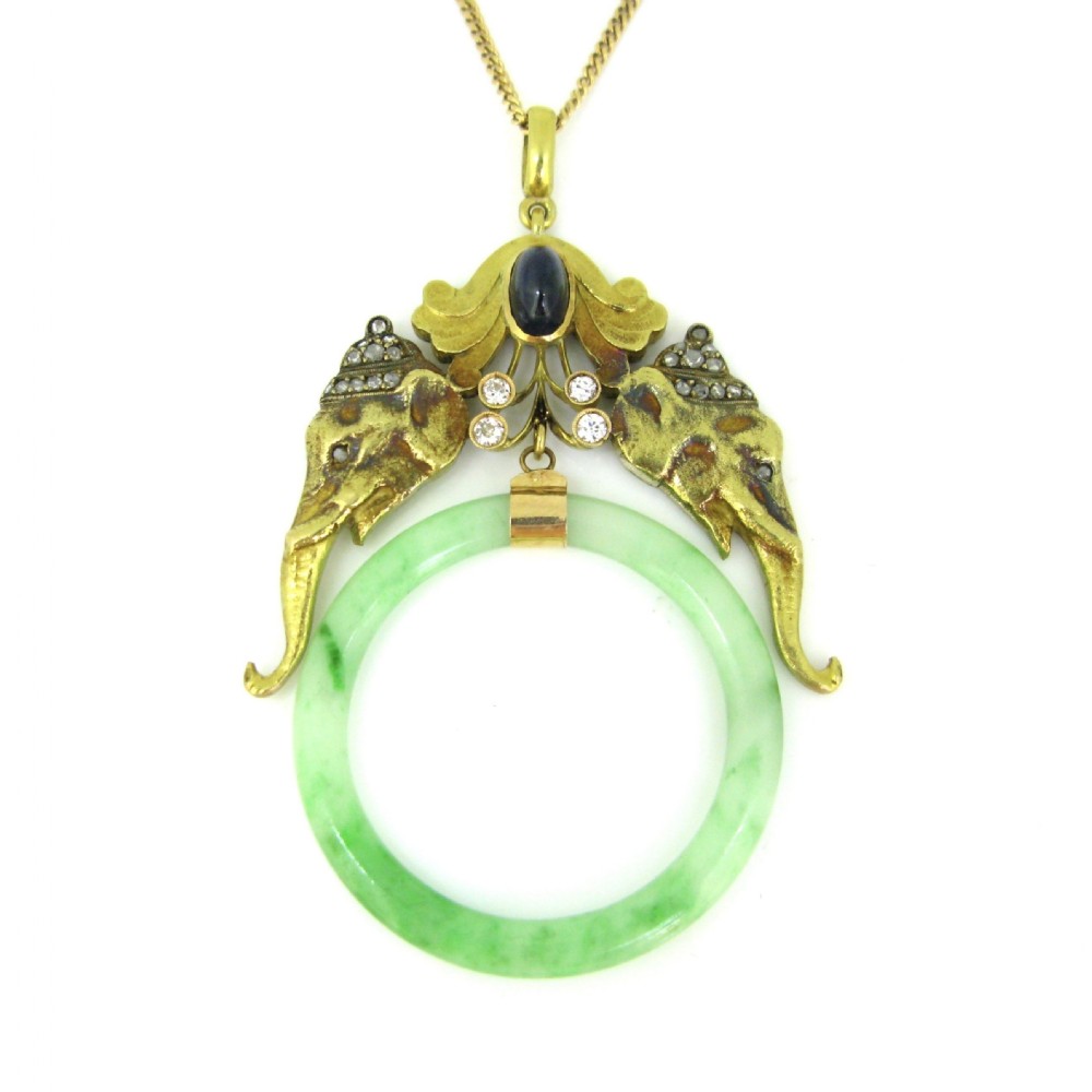 Vintage Diamonds, Sapphire, Jade Elephants Pendant, 18kt Yellow Gold, circa 1950 View II