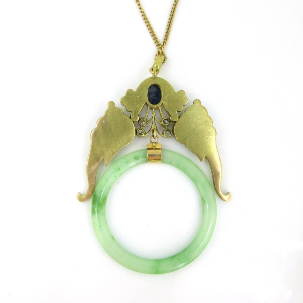 Vintage Diamonds, Sapphire, Jade Elephants Pendant, 18kt Yellow Gold, circa 1950 View V