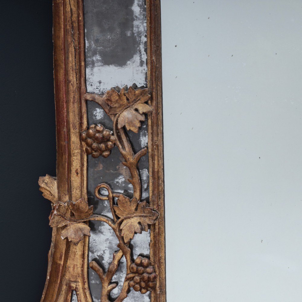 An ornate Louis XV style gilded mirror featuring a carved timber frame with vine motifs and a flower basket crest. View IX