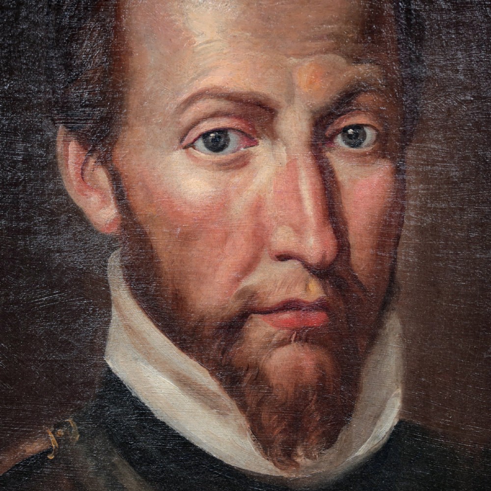 An oil portrait of a bearded gentleman wearing a high white collar and dark doublet, presented in a gilded wooden picture frame. View IX