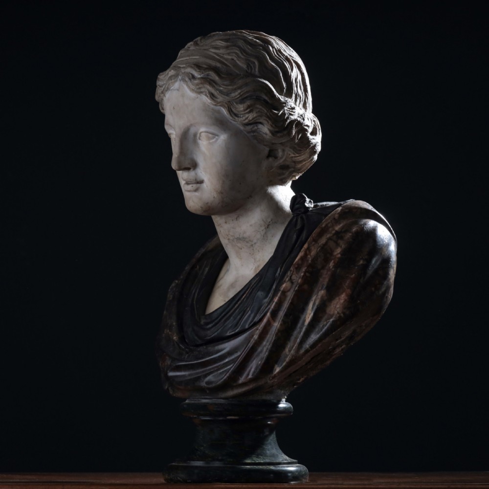 A carved marble profile bust depicting a woman with wavy hair gathered in a bun, wearing dark draped robes, set upon a turned marble socle. View XXV