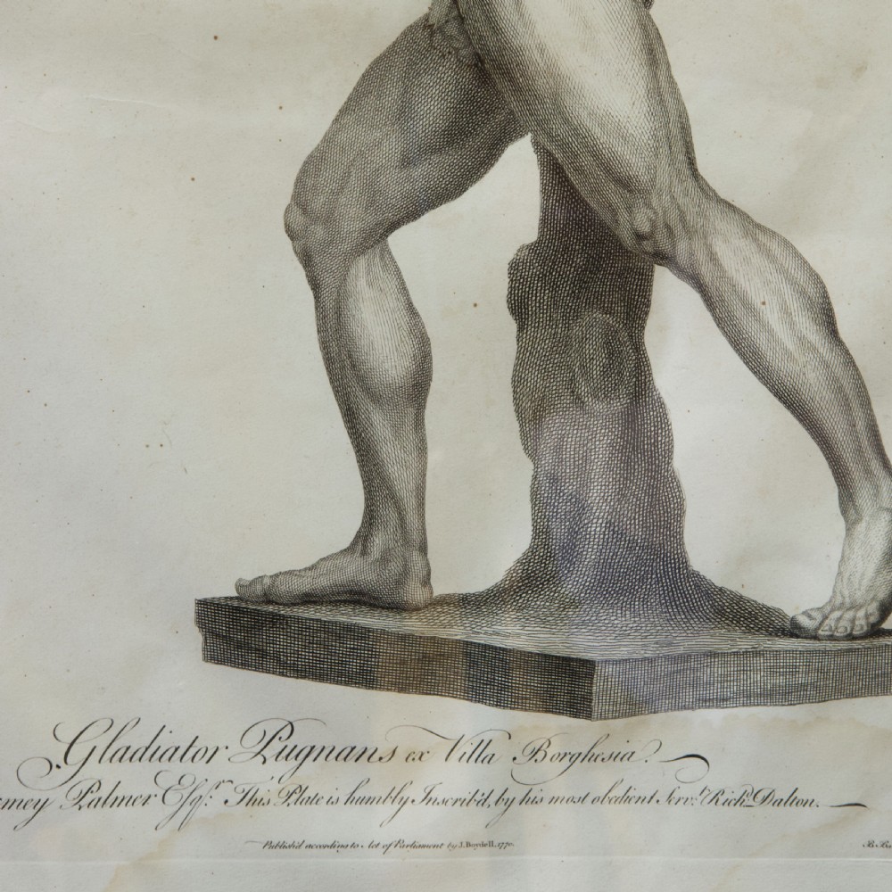 A set of six dark-framed monochrome antique engravings depicting classical statues arranged in two rows. View III