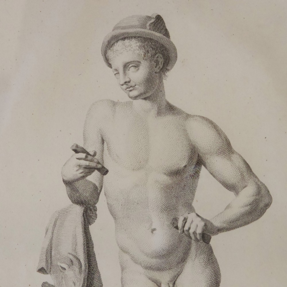 A set of six dark-framed monochrome antique engravings depicting classical statues arranged in two rows. View VI