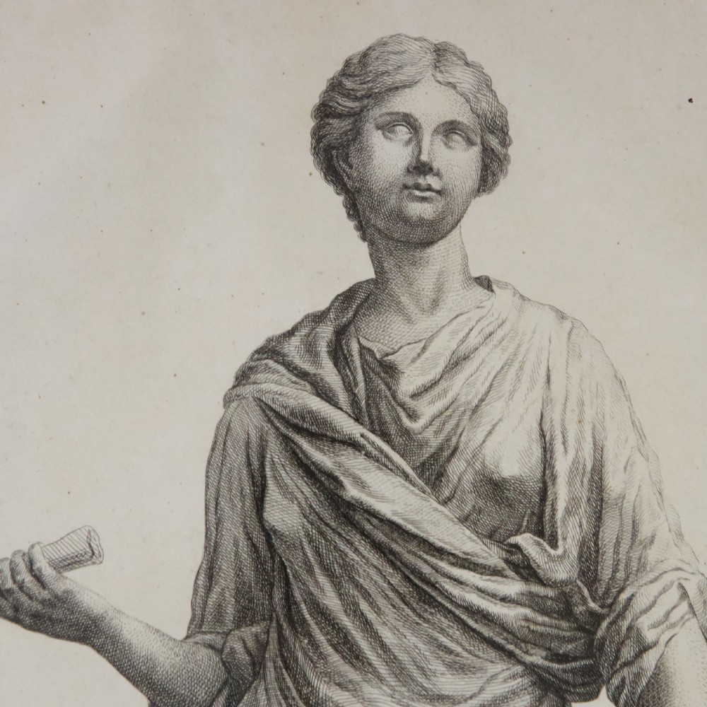 A set of six dark-framed monochrome antique engravings depicting classical statues arranged in two rows. View VIII