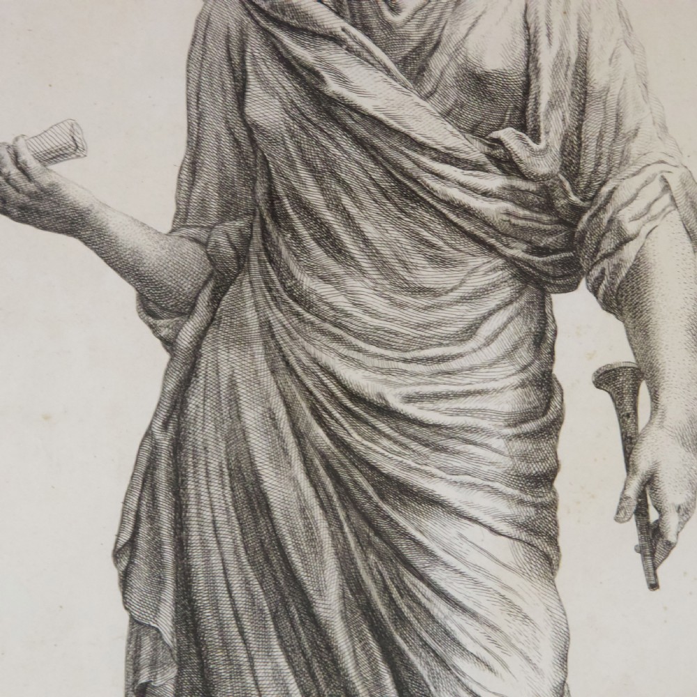 A set of six dark-framed monochrome antique engravings depicting classical statues arranged in two rows. View IX