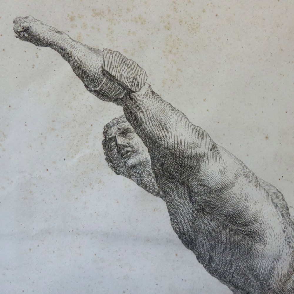 A set of six dark-framed monochrome antique engravings depicting classical statues arranged in two rows. View XIII