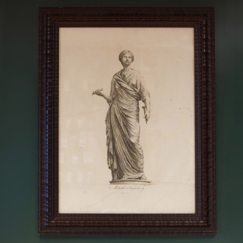 A set of six dark-framed monochrome antique engravings depicting classical statues arranged in two rows. View XIV