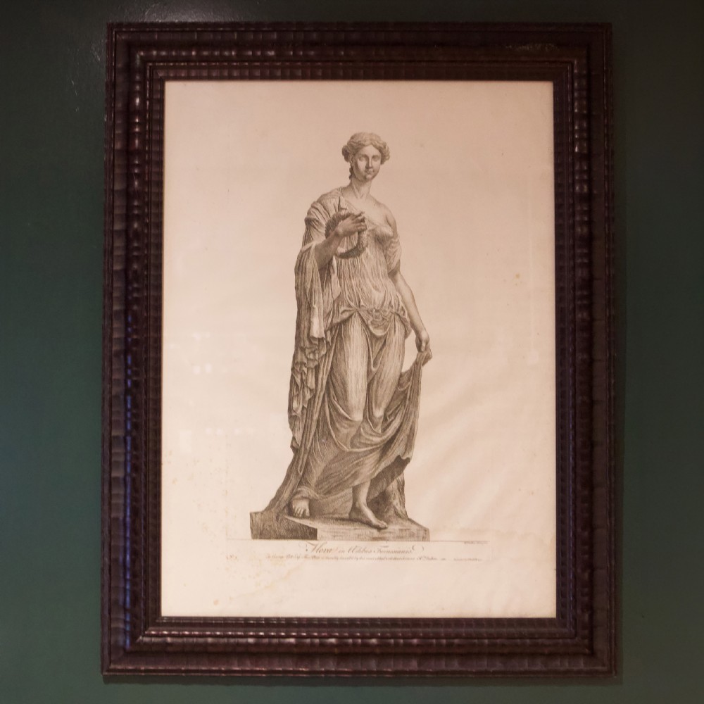 A set of six dark-framed monochrome antique engravings depicting classical statues arranged in two rows. View XV