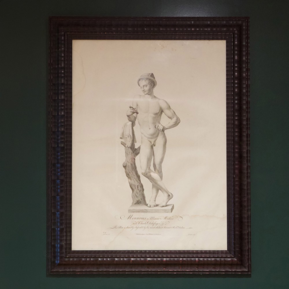 A set of six dark-framed monochrome antique engravings depicting classical statues arranged in two rows. View XVI