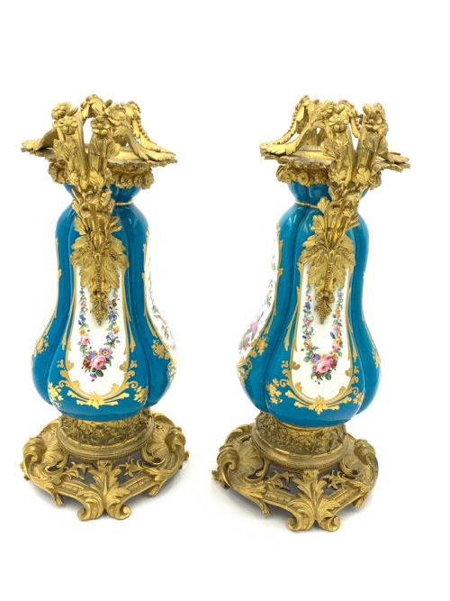 PAIR OF SKY BLUE ORMOLU AND SEVRES STYLE PORCELAIN VASES - ADDITIONAL PHOTO 1