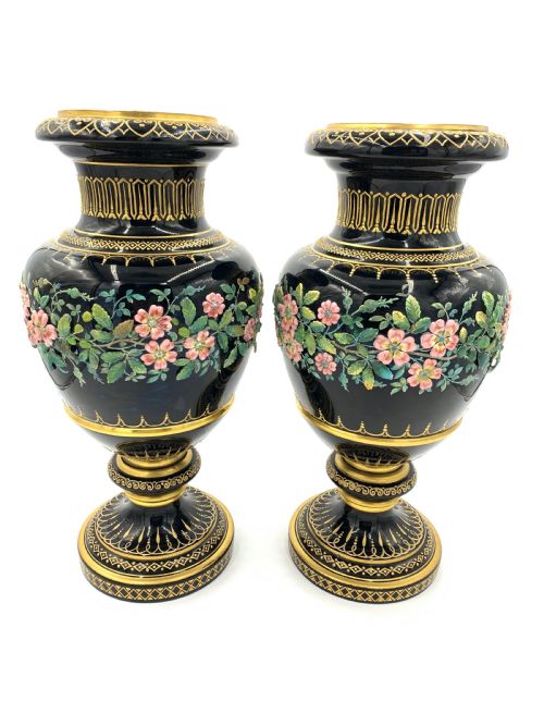 opaline glass with floral design vases - CATEGORY: ANTIQUE VASES - DATED 19TH CENTURY