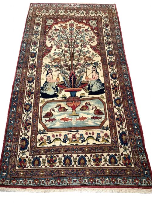 antique pictorial kerman raver rug - CATEGORY: ANTIQUE RUGS - DATED 19TH CENTURY
