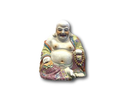 large chinese famille rose porcelain laughing buddha statue - CATEGORY: ANTIQUE CERAMICS - DATED 19TH CENTURY