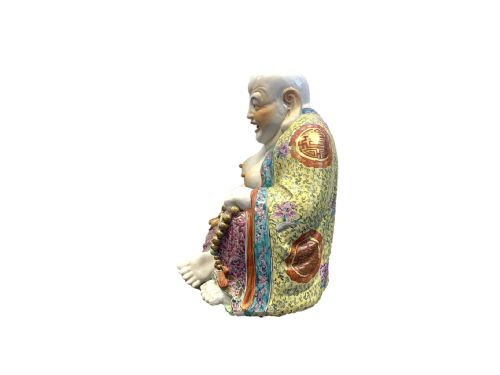 LARGE CHINESE FAMILLE ROSE PORCELAIN LAUGHING BUDDHA STATUE - ADDITIONAL PHOTO 3