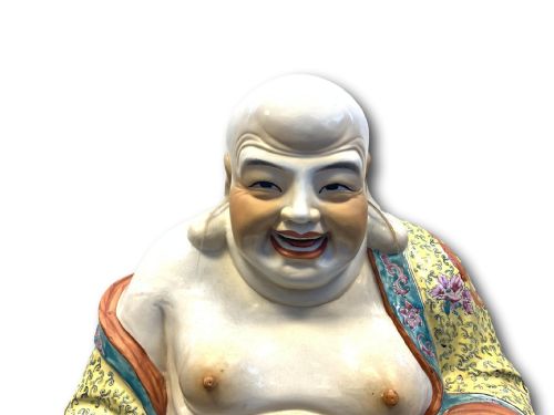 LARGE CHINESE FAMILLE ROSE PORCELAIN LAUGHING BUDDHA STATUE - ADDITIONAL PHOTO 4