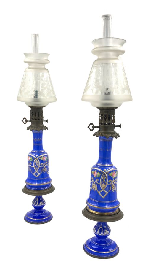 blue opaline oil lamps for the turkish market france19th century - CATEGORY: ANTIQUE LIGHTING - DATED 19TH CENTURY