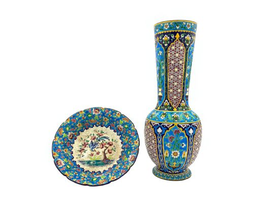 longwy faience enamelled plate and vase - CATEGORY: ANTIQUE METAL - DATED 19TH CENTURY