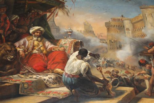 OIL ON CANVAS ORIENTALIST PAINTING DEPICTS THE MASSACRE OF THE MAMELUKES AFTER HORACE VERNET ENGLISH SCHOOL 19TH CENTURY - ADDITIONAL PHOTO 1