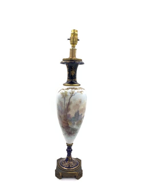 ANTIQUE BLUE SEVRES STYLE PORCELAIN TABLE LAMP FRANCE 19TH CENTURY - ADDITIONAL PHOTO 3