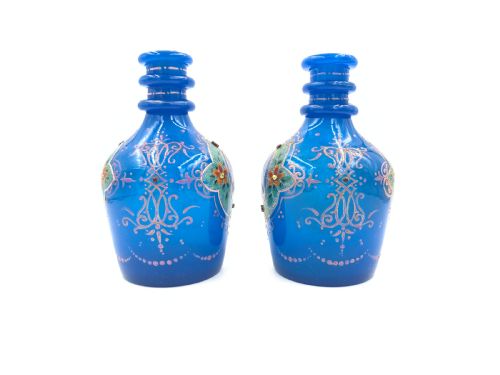 A PAIR OF ROYAL BLUE OPAQUE JEWELLED AND ENAMELLED BOHEMIAN GLASS HOOKAH BASES WITH PORTRAITS OF SULTAN MOZAFFAR ALDIN SHAH QAJAR DATED 1315 HIJRI - ADDITIONAL PHOTO 1