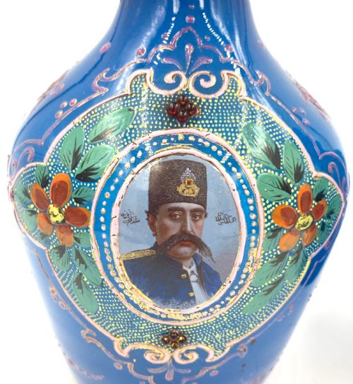 A PAIR OF ROYAL BLUE OPAQUE JEWELLED AND ENAMELLED BOHEMIAN GLASS HOOKAH BASES WITH PORTRAITS OF SULTAN MOZAFFAR ALDIN SHAH QAJAR DATED 1315 HIJRI - ADDITIONAL PHOTO 3
