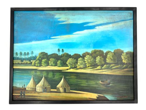 camp on the tigris oil on canvas painting by abdul kadir al rassam iraq 18821952 - CATEGORY: ANTIQUE ART - DATED 19TH CENTURY