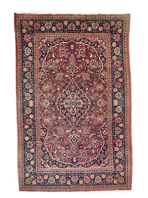 burgundy ground persian kashan rug in floral design - CATEGORY: ANTIQUE RUGS - DATED 1900
