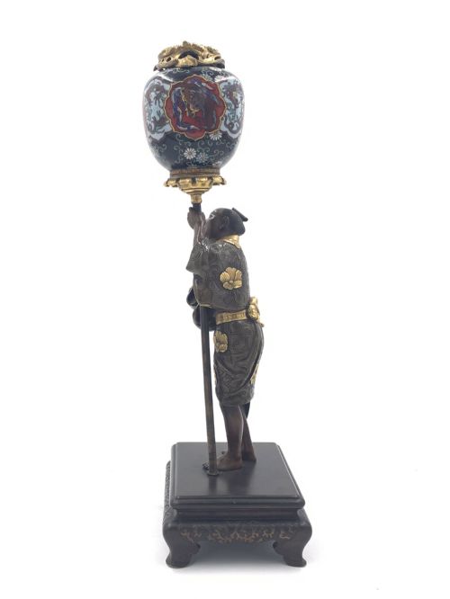 JAPANESE GILT BRONZE FIGURE HOLDING A CLOISONN URN MEIJI PERIOD - ADDITIONAL PHOTO 1