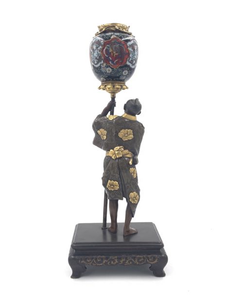 JAPANESE GILT BRONZE FIGURE HOLDING A CLOISONN URN MEIJI PERIOD - ADDITIONAL PHOTO 2