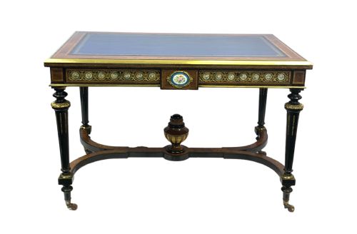 A VICTORIAN AMBOYNA WOOD AND EBONISED WRITING DESK WITH SEVRES STYLE PORCELAIN PLAQUES - ADDITIONAL PHOTO 1