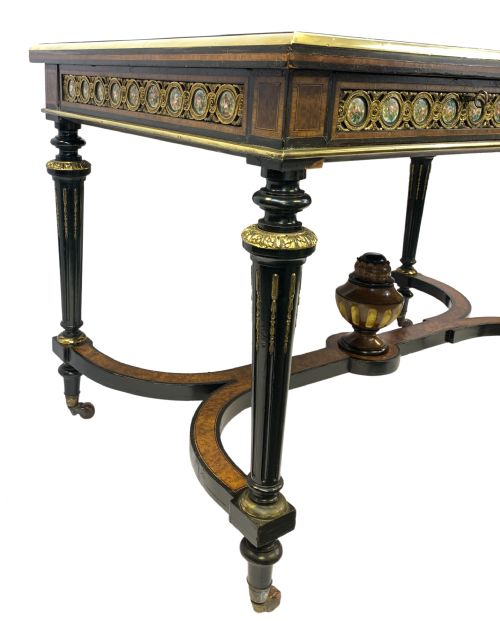 A VICTORIAN AMBOYNA WOOD AND EBONISED WRITING DESK WITH SEVRES STYLE PORCELAIN PLAQUES - ADDITIONAL PHOTO 2