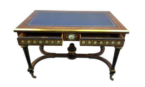 A VICTORIAN AMBOYNA WOOD AND EBONISED WRITING DESK WITH SEVRES STYLE PORCELAIN PLAQUES - ADDITIONAL PHOTO 3
