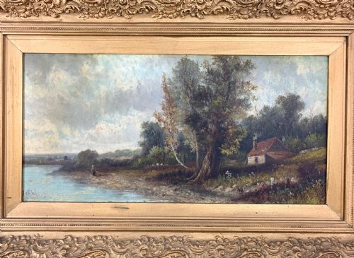 PAIR OF 18TH CENTURY GILTWOOD FRAMED OIL ON CANVAS LANDSCAPES SIGNED JHALL - ADDITIONAL PHOTO 1