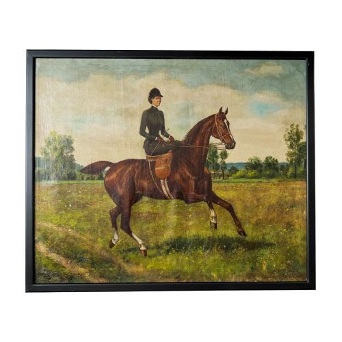 19th century oil on canvas painting of a lady riding a horse side saddle - CATEGORY: ANTIQUE ART - DATED 19TH CENTURY