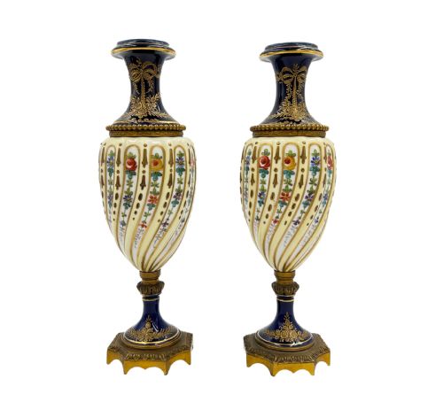 pair of french sevres style twisted body porcelain gilt bronze vases - CATEGORY: ANTIQUE VASES - DATED 19TH CENTURY