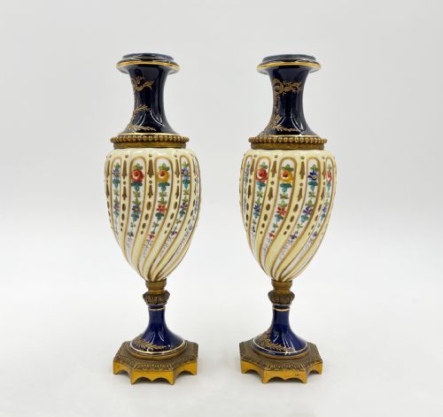 PAIR OF FRENCH SEVRES STYLE TWISTED BODY PORCELAIN GILT BRONZE VASES - ADDITIONAL PHOTO 1