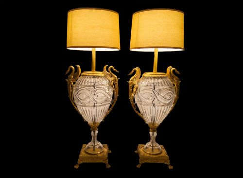 LARGE PAIR OF FRENCH ANTIQUE ORMOLUMOUNTED CUTGLASS VASES FITTED AS LAMPS - ADDITIONAL PHOTO 1