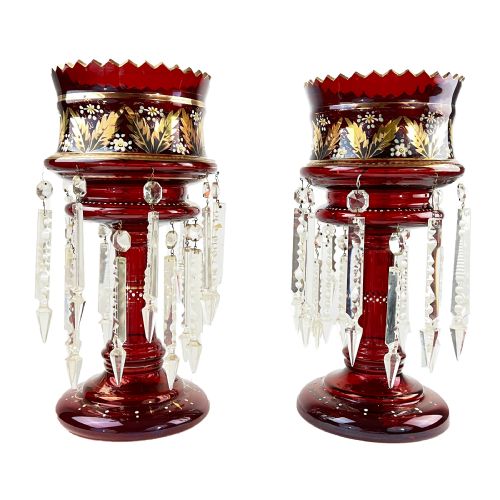 pair of victorian ruby glass lusters with cutglass drops - CATEGORY: ANTIQUE LIGHTING - DATED VICTORIAN