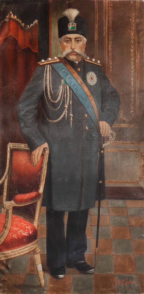 a large portrait of muzzafar aldin shah qajar reg 18961907 standing in an interior by the artist razi taleqani sani homayun qajar persia circa 18961905 - CATEGORY: ANTIQUE ART - DATED 19TH CENTURY