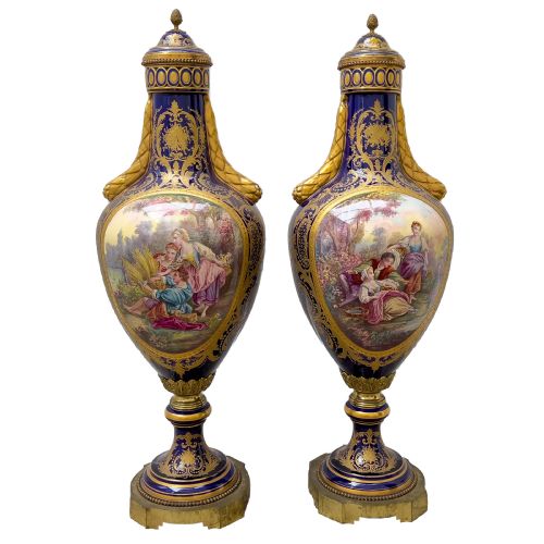 a fine large french sevres style porcelain vases decorated with gallant scenes - CATEGORY: ANTIQUE VASES - DATED 19TH CENTURY