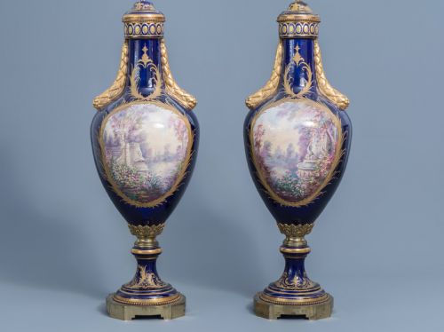A FINE LARGE FRENCH SEVRES STYLE PORCELAIN VASES DECORATED WITH GALLANT SCENES - ADDITIONAL PHOTO 1