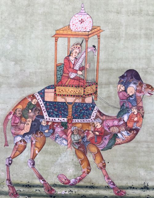 INDIAN MINIATURE PAINTING DEPICTS A LADY RIDING A COMPOSITE CAMEL 20TH CENTURY - ADDITIONAL PHOTO 3