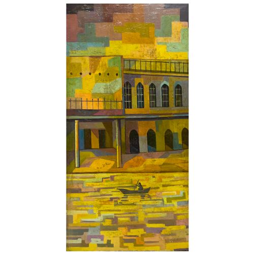 house on the river tigris oil on canvas painting by hafidh aldroubi iraq 19141991 - CATEGORY: ANTIQUE ART - DATED LATER THAN 1960