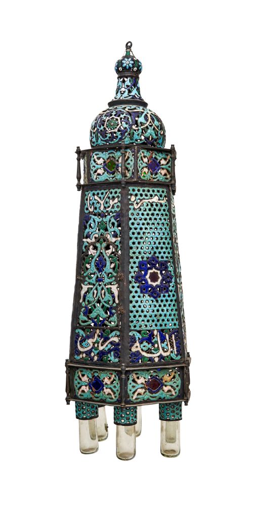 DAMASCUS ENAMELLED COPPER MOSQUE LAMP 19TH CENTURY - ADDITIONAL PHOTO 1