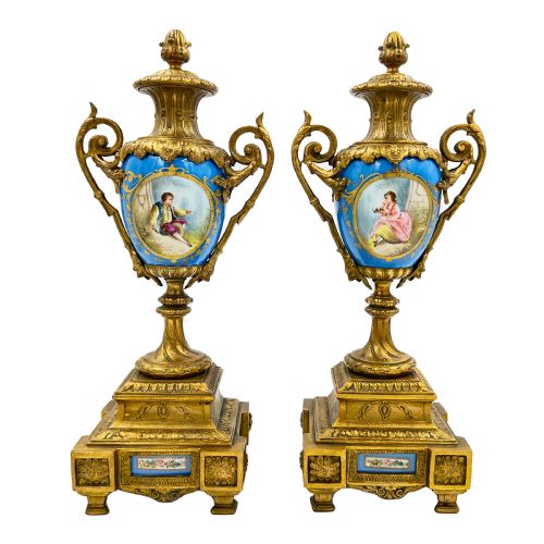 a pair of french sevres style porcelain urns with gilt bronze mounts 19th century - CATEGORY: ANTIQUE CERAMICS - DATED 19TH CENTURY