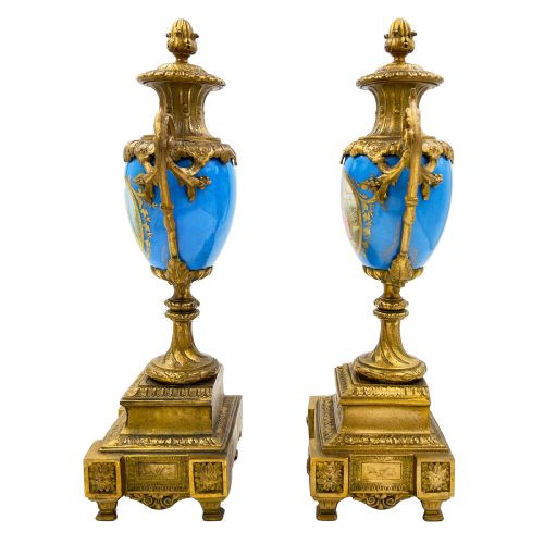 A PAIR OF FRENCH SEVRES STYLE PORCELAIN URNS WITH GILT BRONZE MOUNTS 19TH CENTURY - ADDITIONAL PHOTO 1