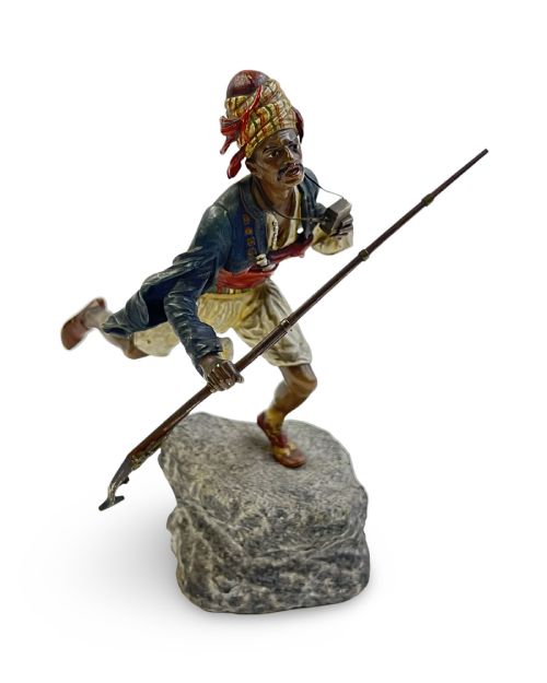 AN ORIENTALIST COLDPAINTED VIENNA BRONZE FIGURE OF A RUNNING MOORISH WARRIOR FRANZ XAVER BERGMAN 20TH CENTURY