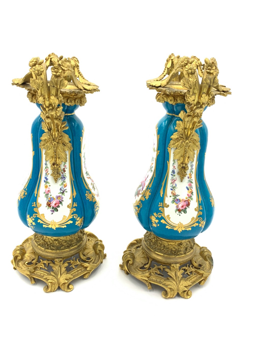 Pair of sky blue ormolu and sevres style porcelain vases  View II